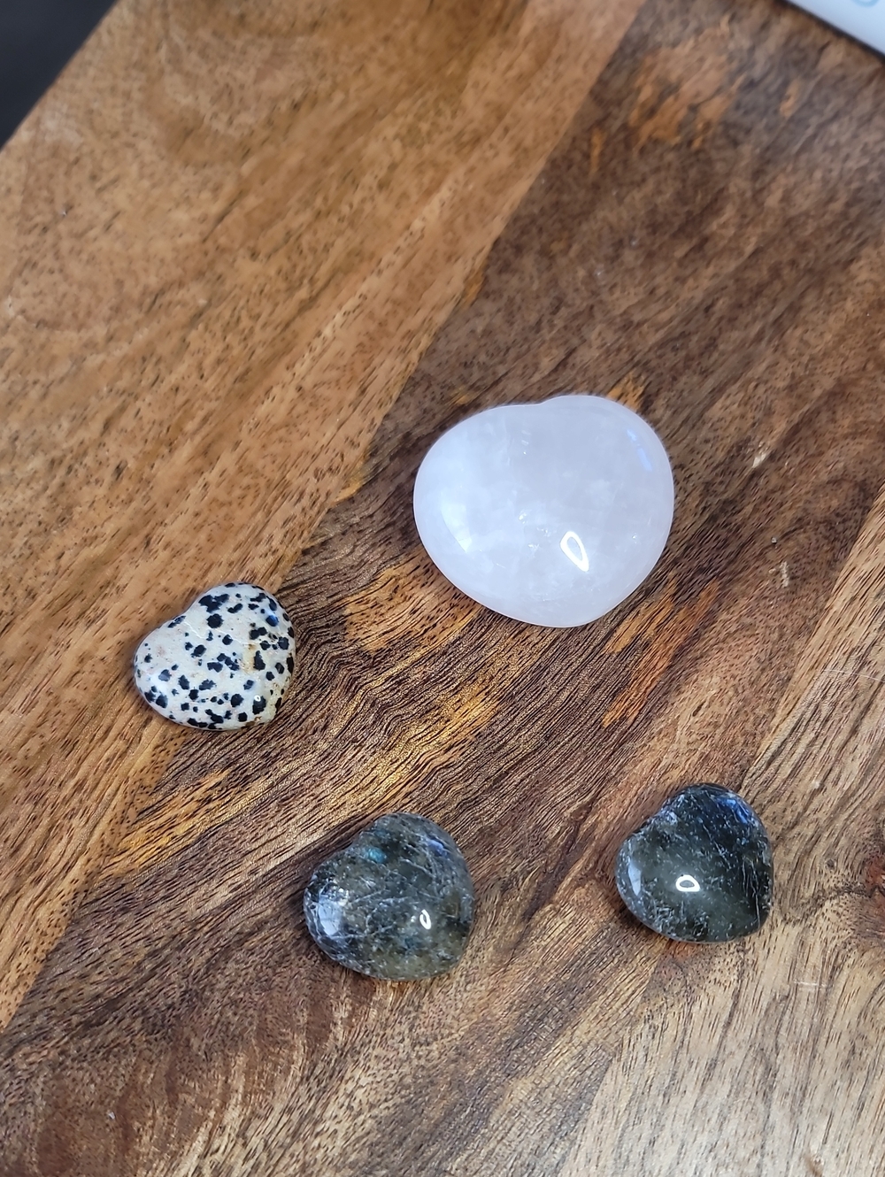 Heart-Shaped Crystal Lot - Rose Quartz, Dalmatian Jasper, Green Labradorite